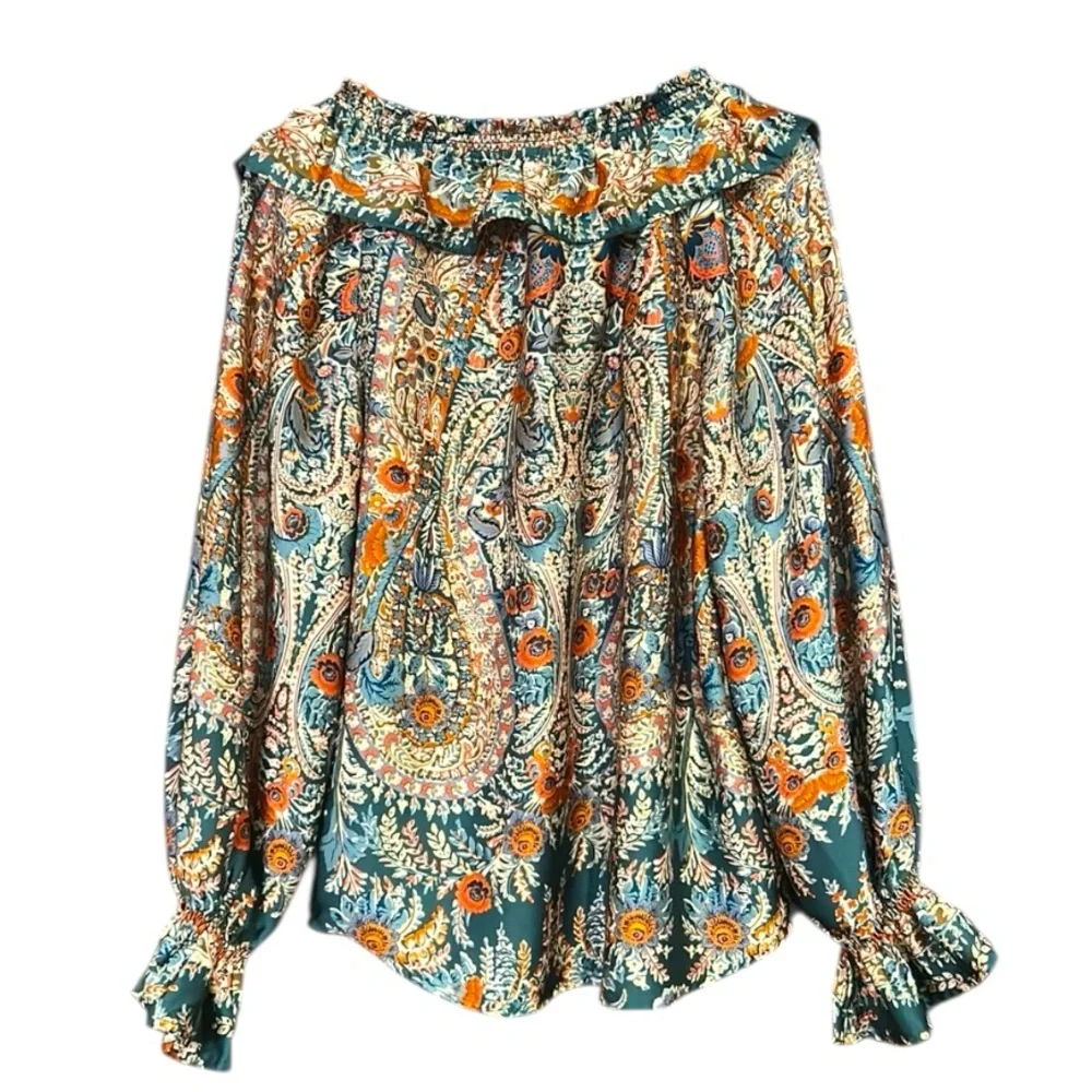 Umgee Boho Green Orange Floral Print Blouse Top V-Neck Long Sleeves Ruffle Small - Picture 3 of 11